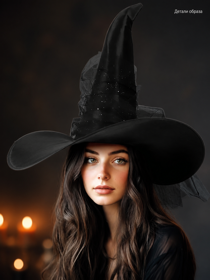1pc Black Halloween Witch Hat Wide Brim Tall Pointed Wizard Cap with Mesh front view