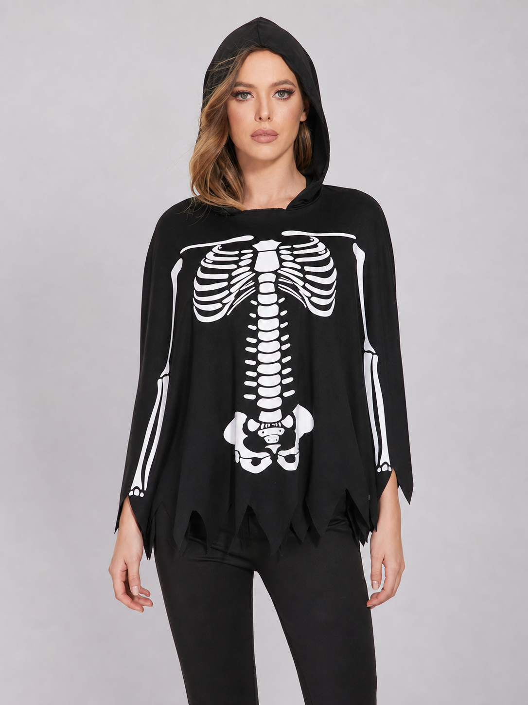 Black Hooded Cape with Skeleton Print Costume Capes detail 2