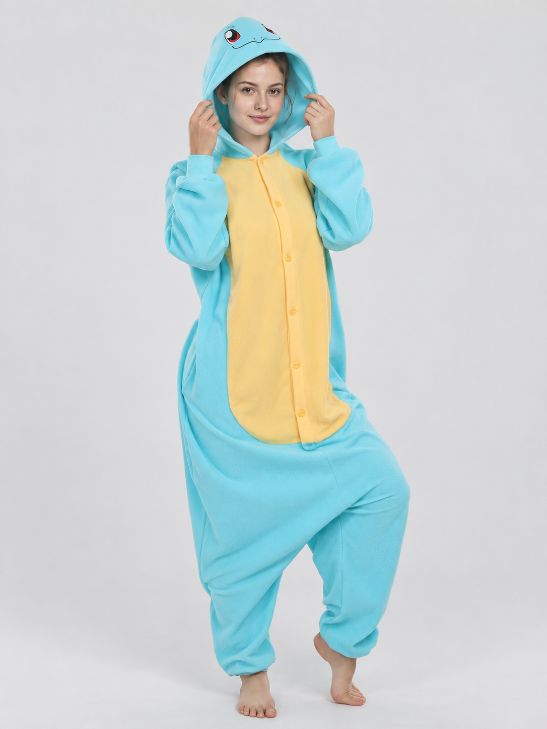 Turquoise-Yellow Hooded Pajama Jumpsuit with Face Detail