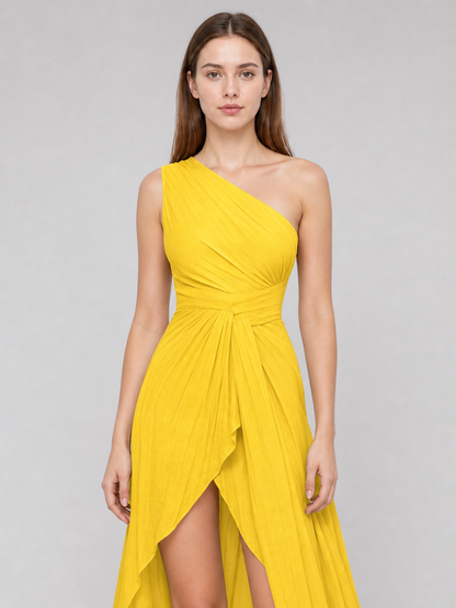 Yellow Chiffon One-Shoulder Evening Dress