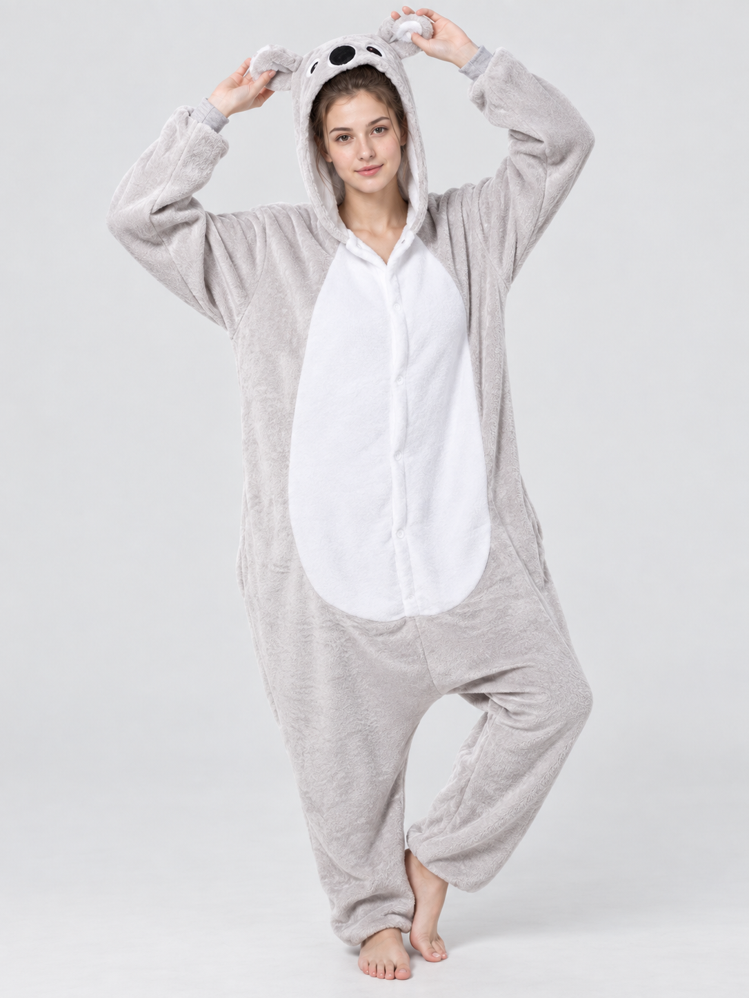 Hooded Pajama Jumpsuit with Ears, Light Gray