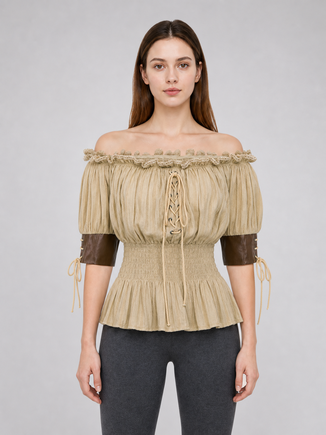 Vintage-Style Peasant Blouse with Lace-Up Front and Lace Trim