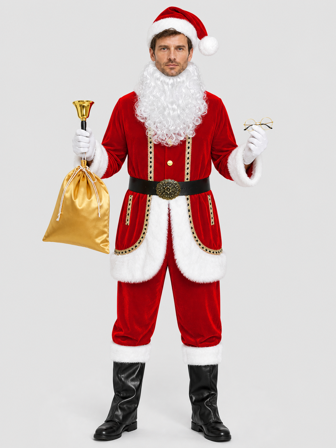 Santa Claus Costume with Hat, Beard, and Accessories Costume Headwear detail 3