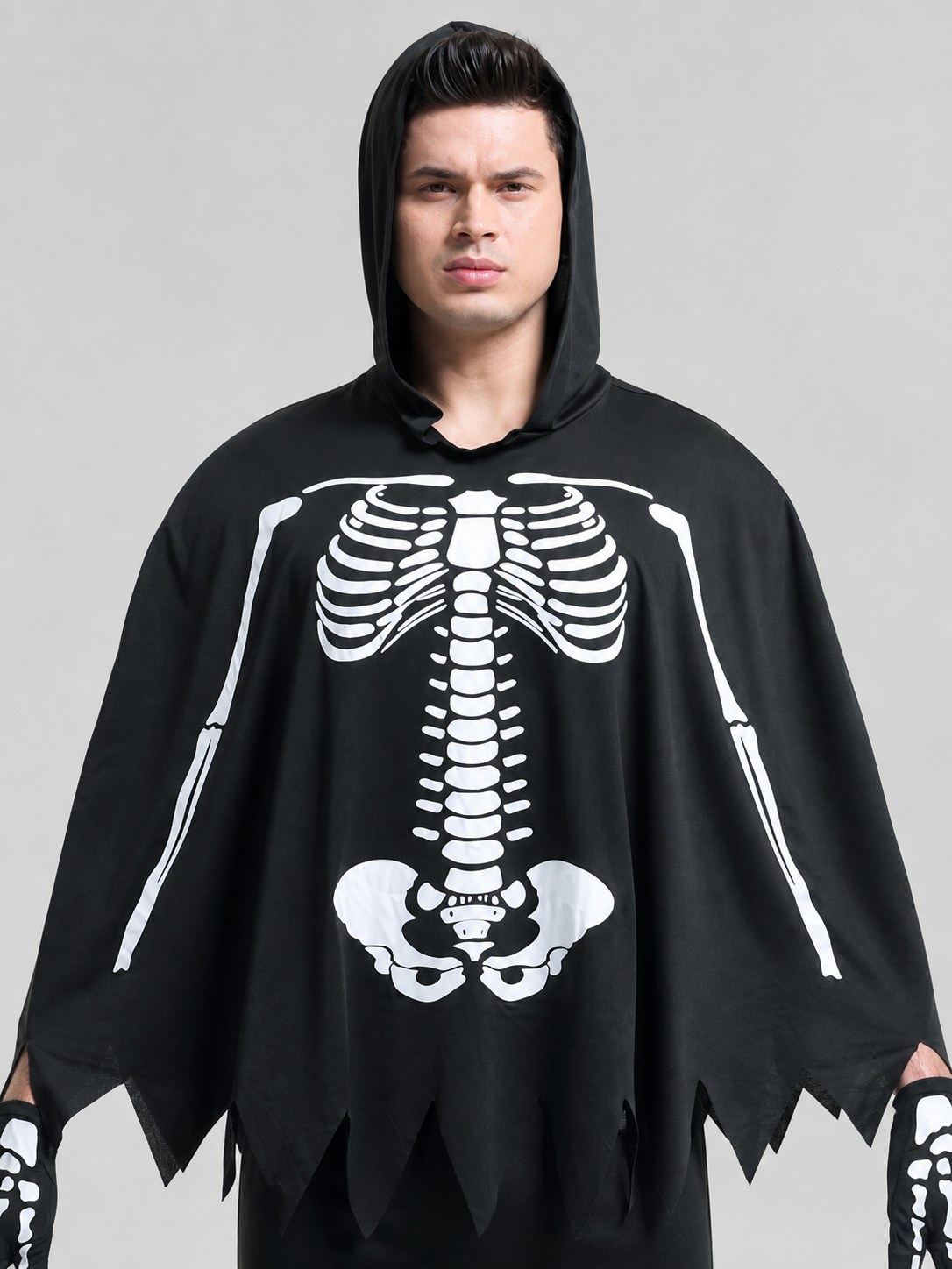 Skeleton Costume with Hood and Jagged Hem