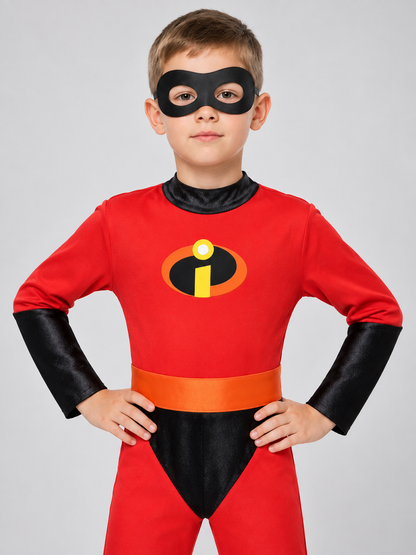 Kids' superhero costume with red jumpsuit and mask