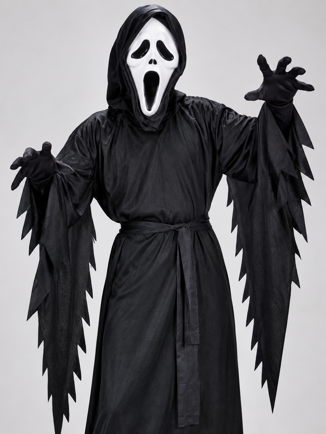 Ghost Halloween Costume: White Mask, Black Hooded Robe