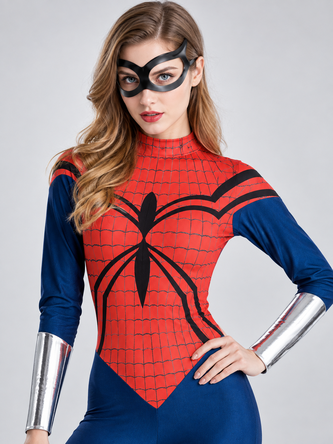 Adult superhero costume with web pattern and mask
