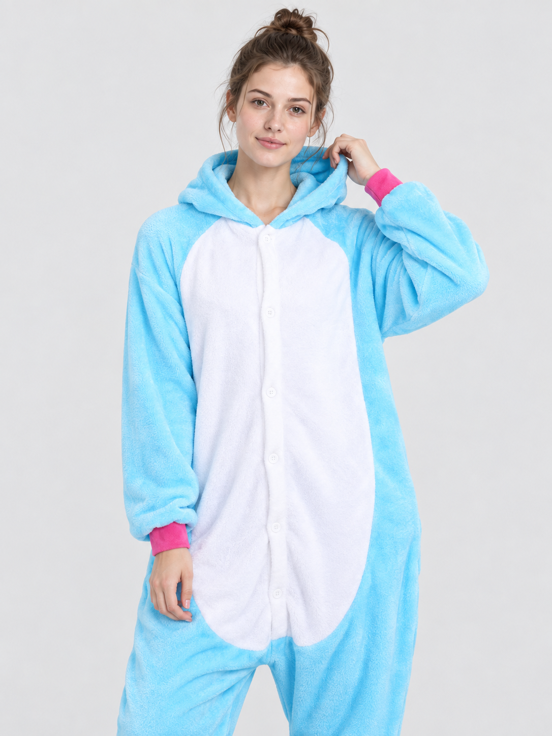 Blue Pajama Jumpsuit with White Insert and Hood