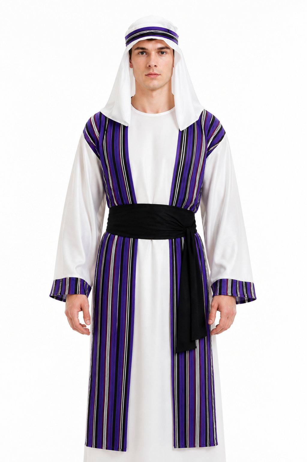 White Arabic Costume with Purple Stripes and Turban Costumes detail 2