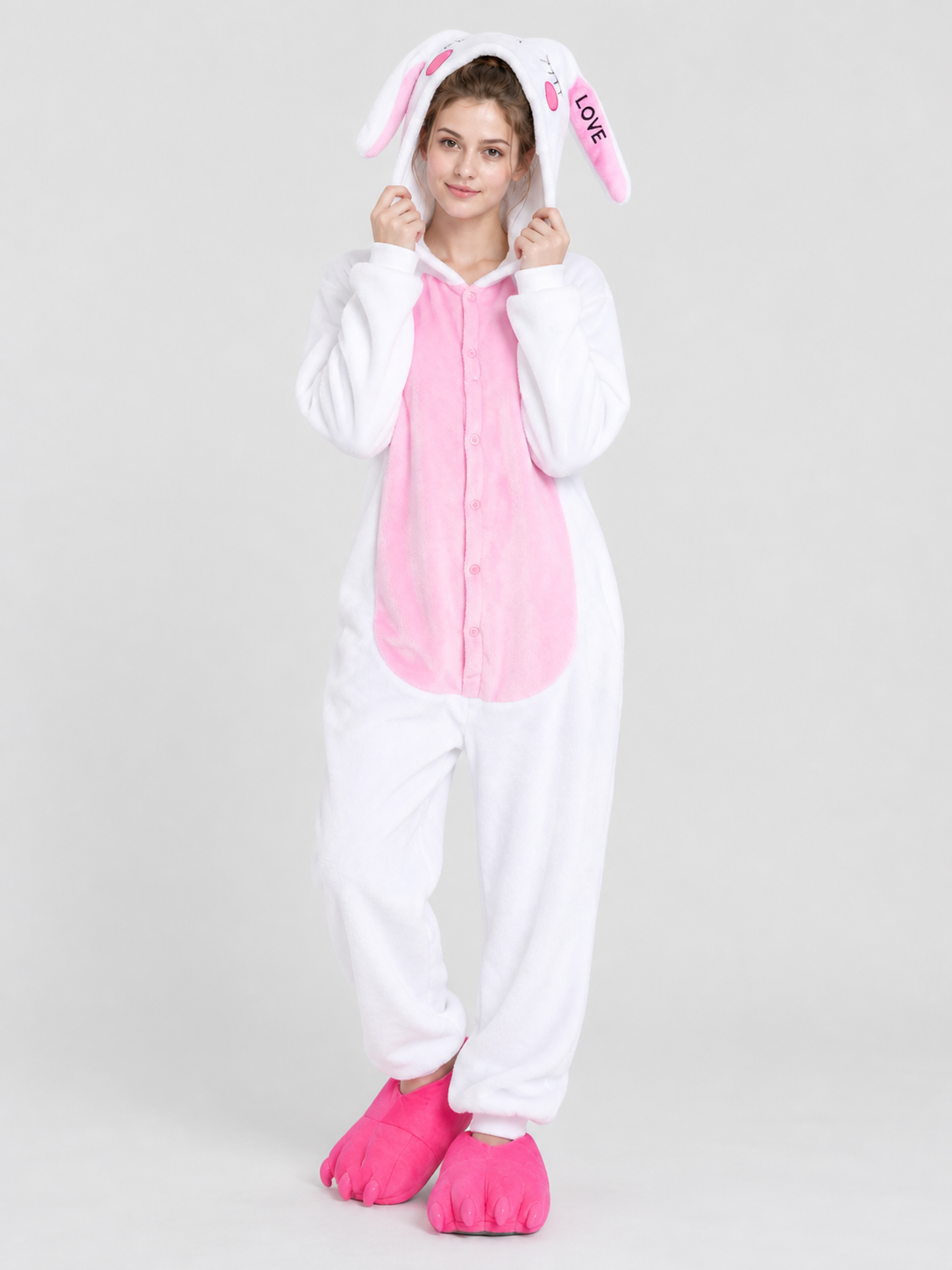 White and Pink Hooded Pajama Jumpsuit with Ears