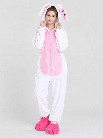 White and Pink Hooded Pajama Jumpsuit with Ears