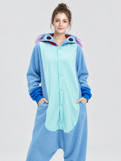 Fleece jumpsuit pajama with hood, face, and ears