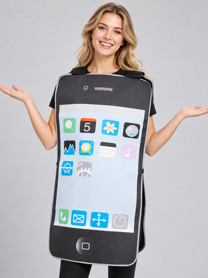 Smartphone-shaped carnival costume with screen and button