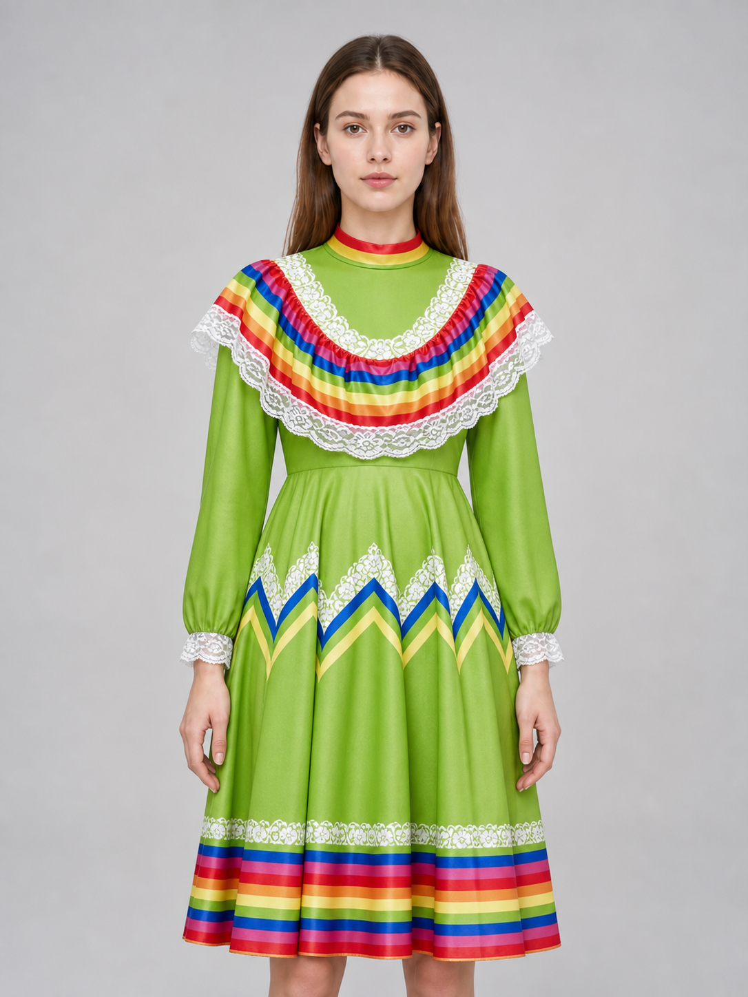 Bright folk dress with a full skirt and lace