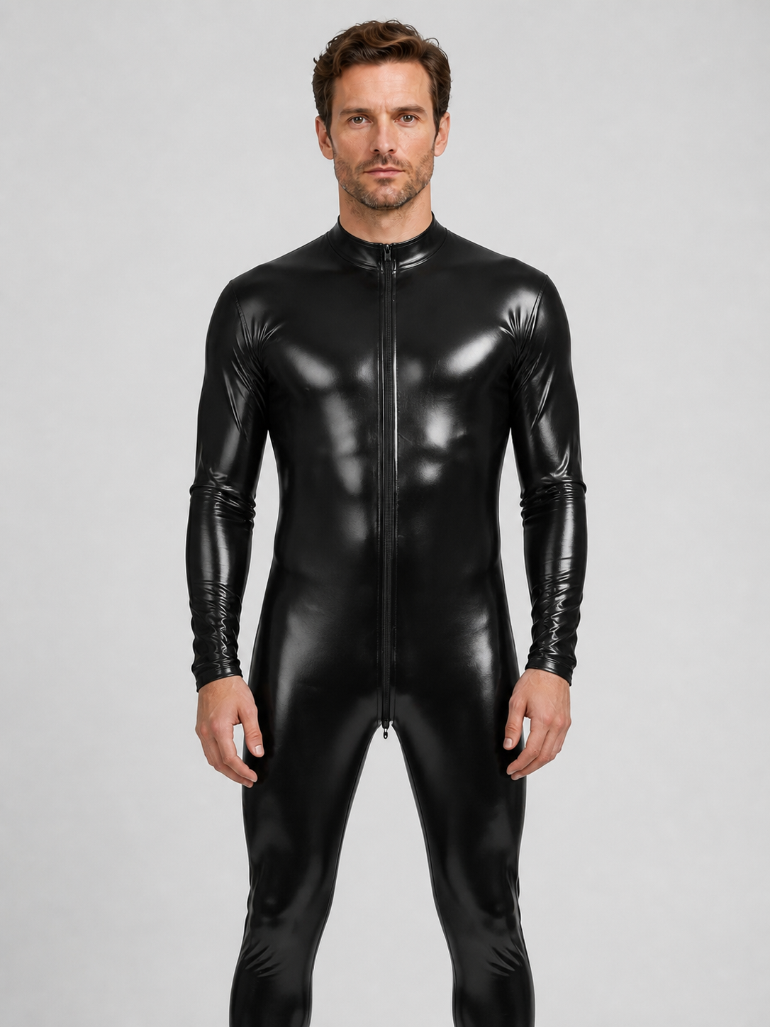 Black Glossy Form-Fitting Jumpsuit with Zipper for Stage product detail 3