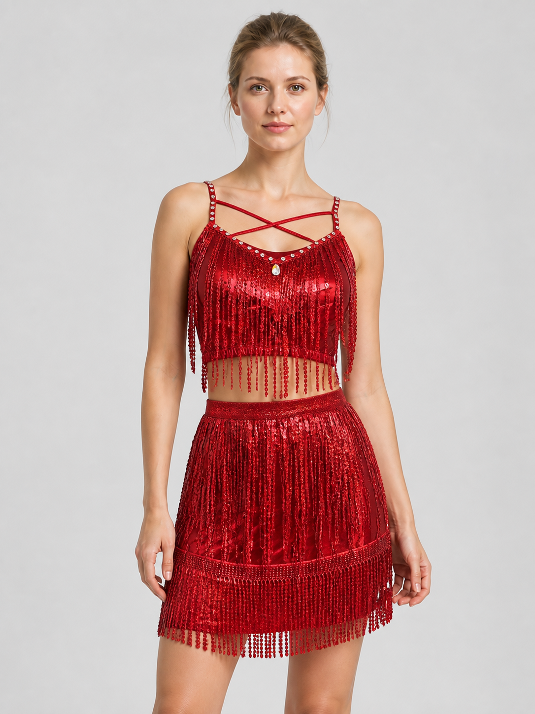 Red Stage Costume: Top and Fringed Skirt Costumes detail 3