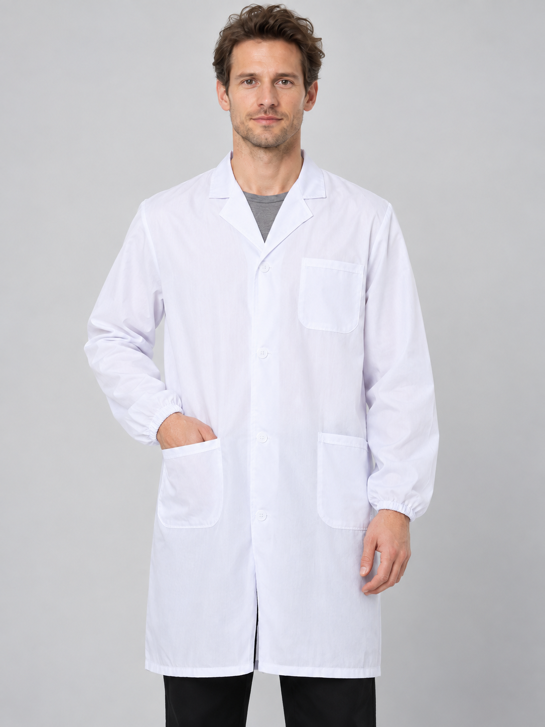 White medical coat with collar and long sleeves