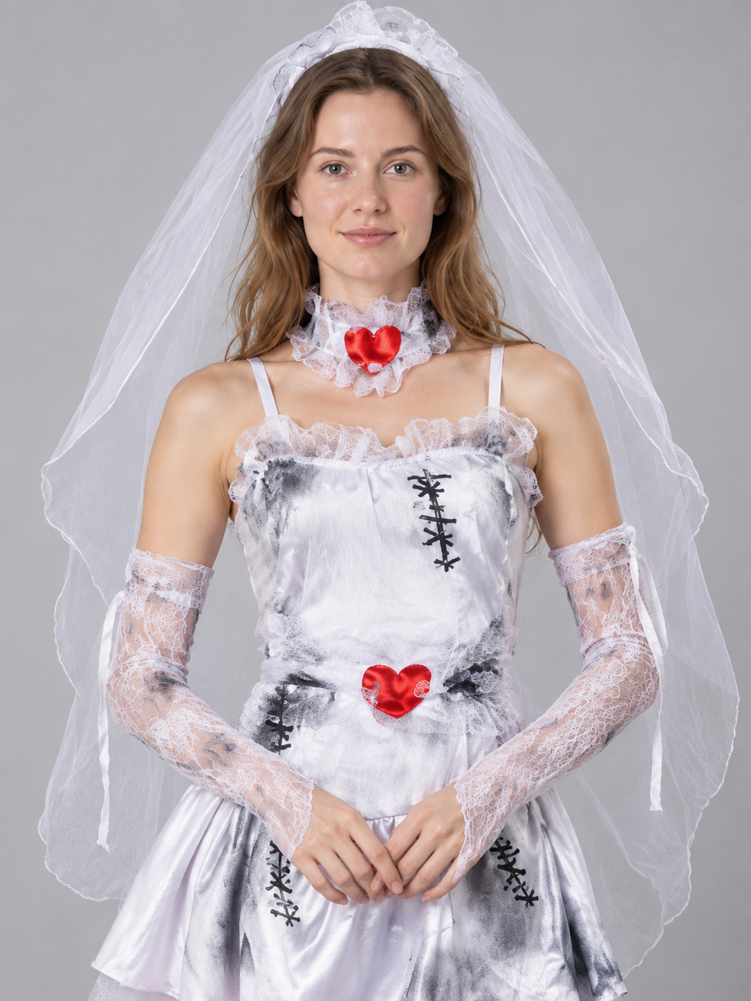 Bride Carnival Costume: White Mini Dress, Veil, Hearts