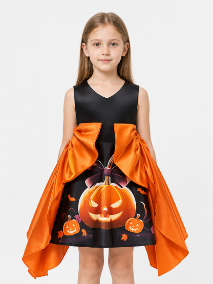 Halloween Cape Dress with Pumpkin Print upper body view
