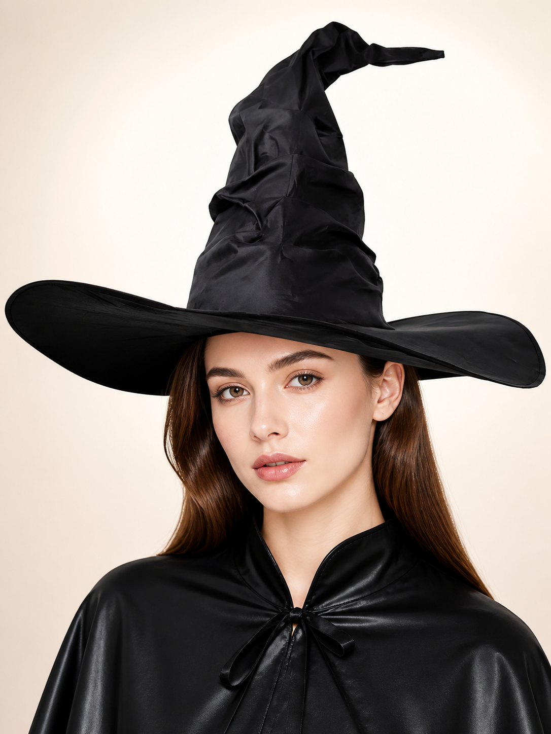 Black Halloween Witch Hat Wide Brim Pointed Wizard Hat Ruched Asymmetrical Brim upper body view