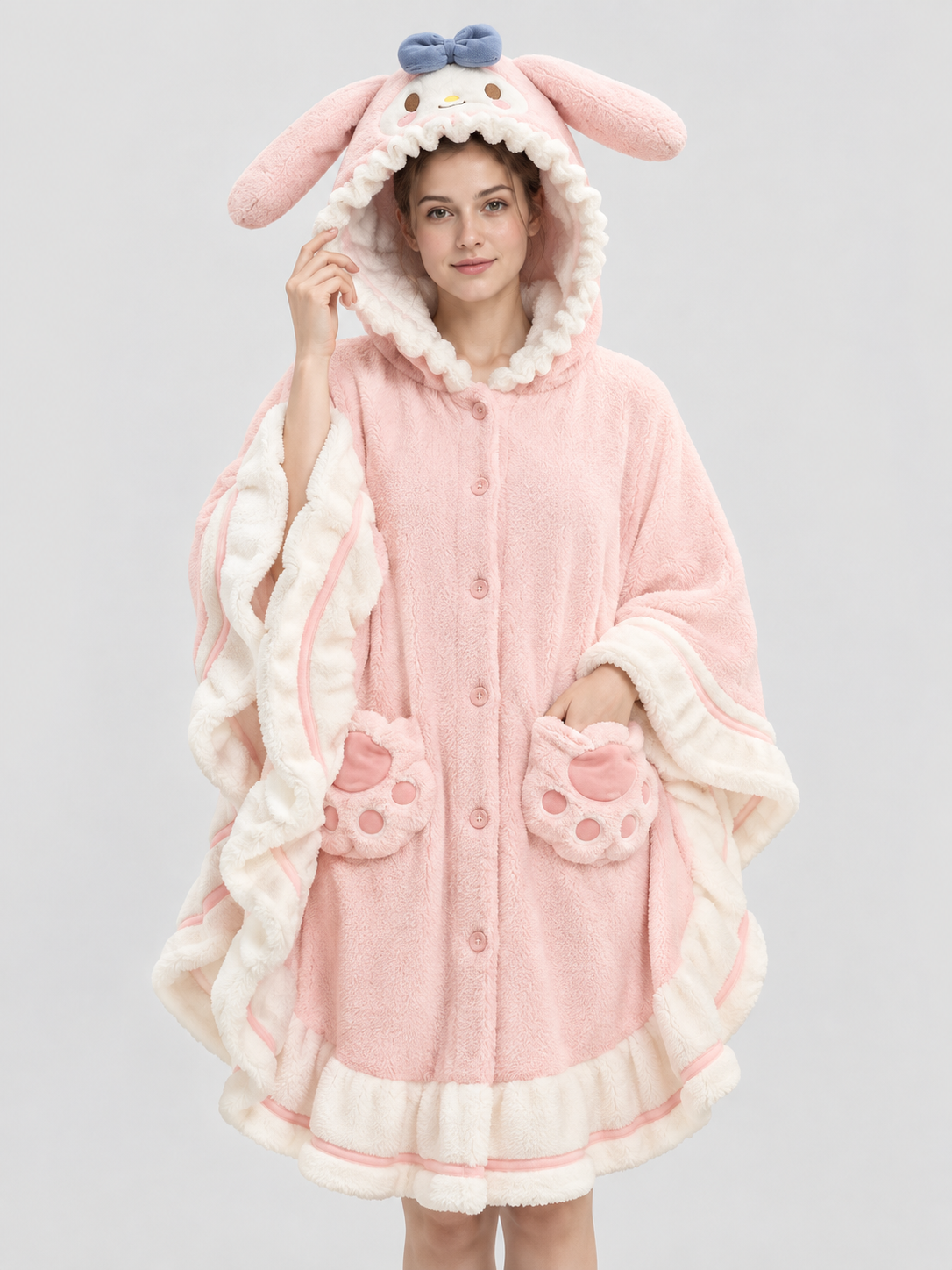 Pink Coral Fleece Hooded Robe with Ears