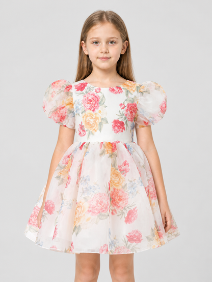 Children’s Dress with Floral Print and Puff Sleeves