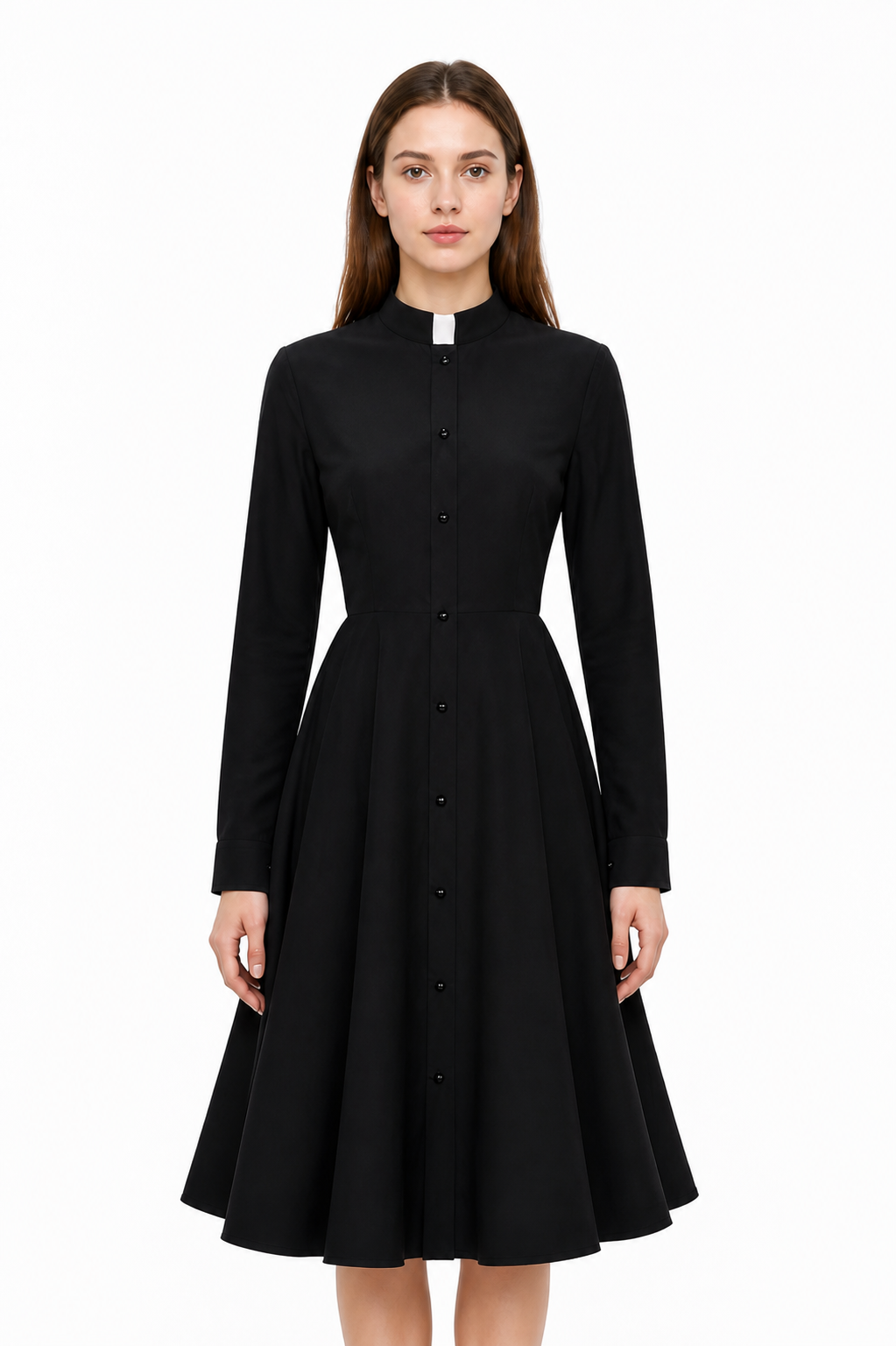 Black Button-Front Dress with Stand Collar for Cosplay