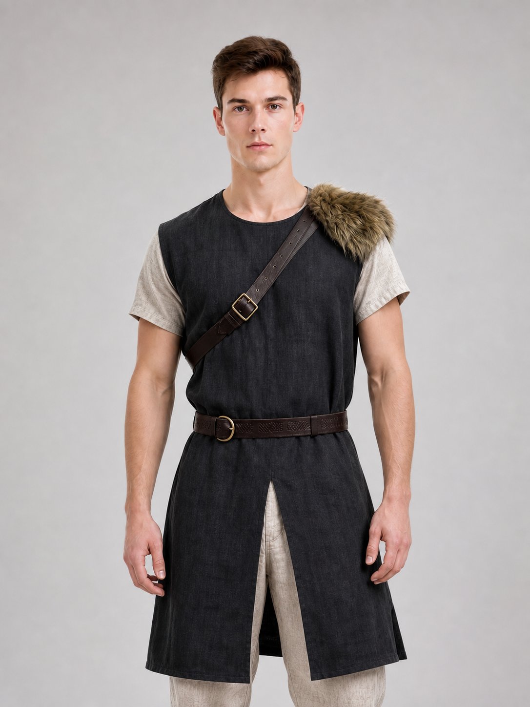 Black Sleeveless Tunic with Fur Trim and Belt