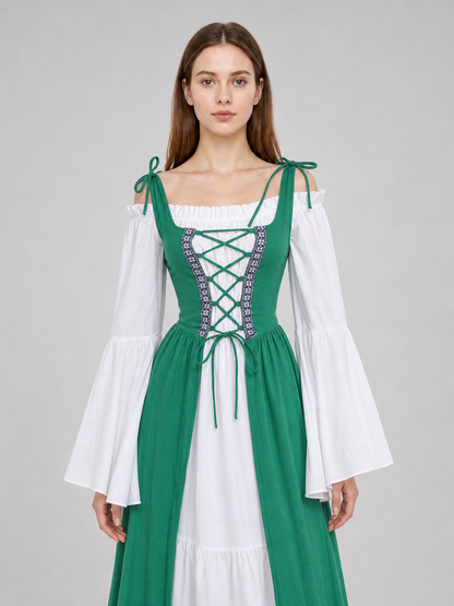 Green-and-White Medieval-Style Dress with Lacing