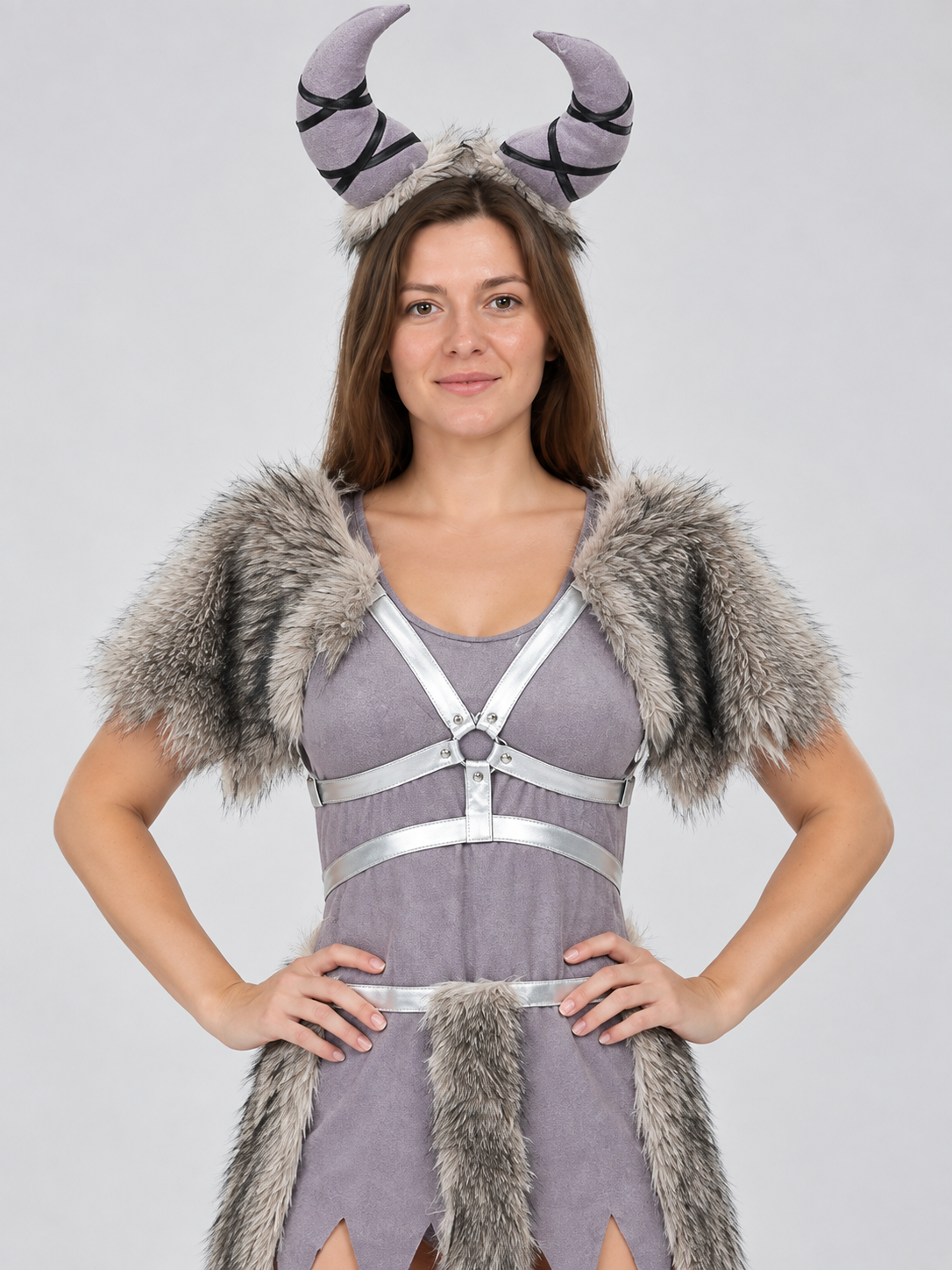 Viking Costume with Horned Headpiece and Fur