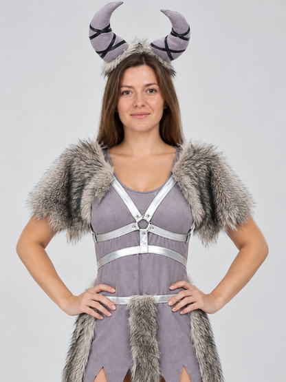 Viking Costume with Horned Headpiece and Fur