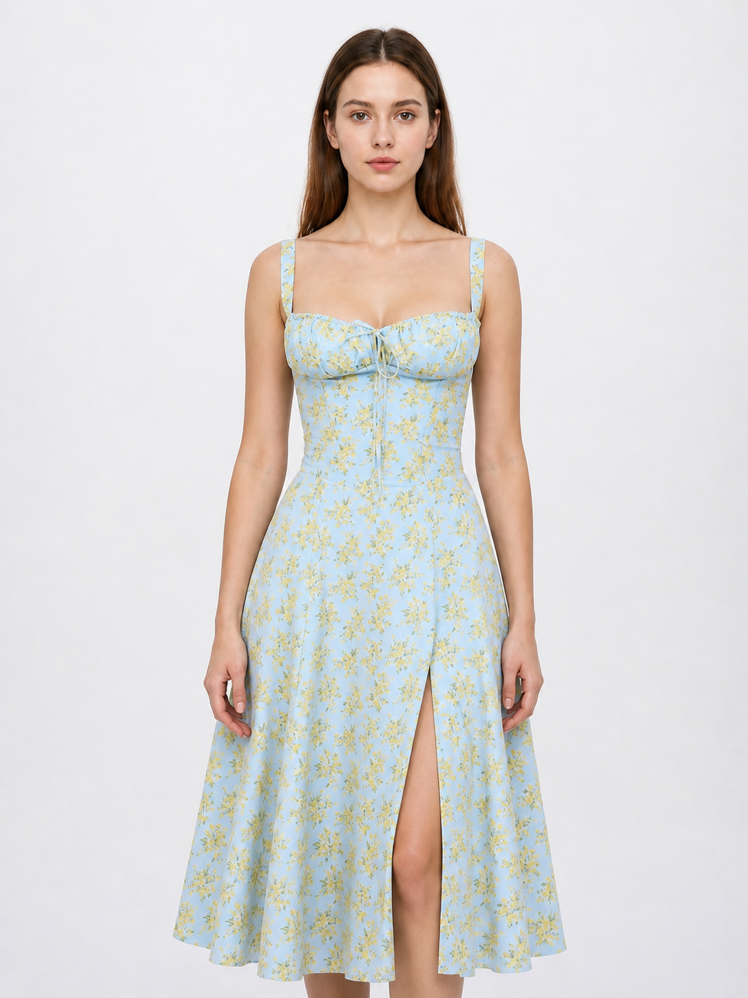 Midi Dress with Thin Straps and Front Slit