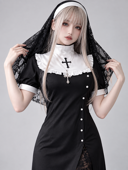 Black Carnival Dress with Cross and Veil Cape