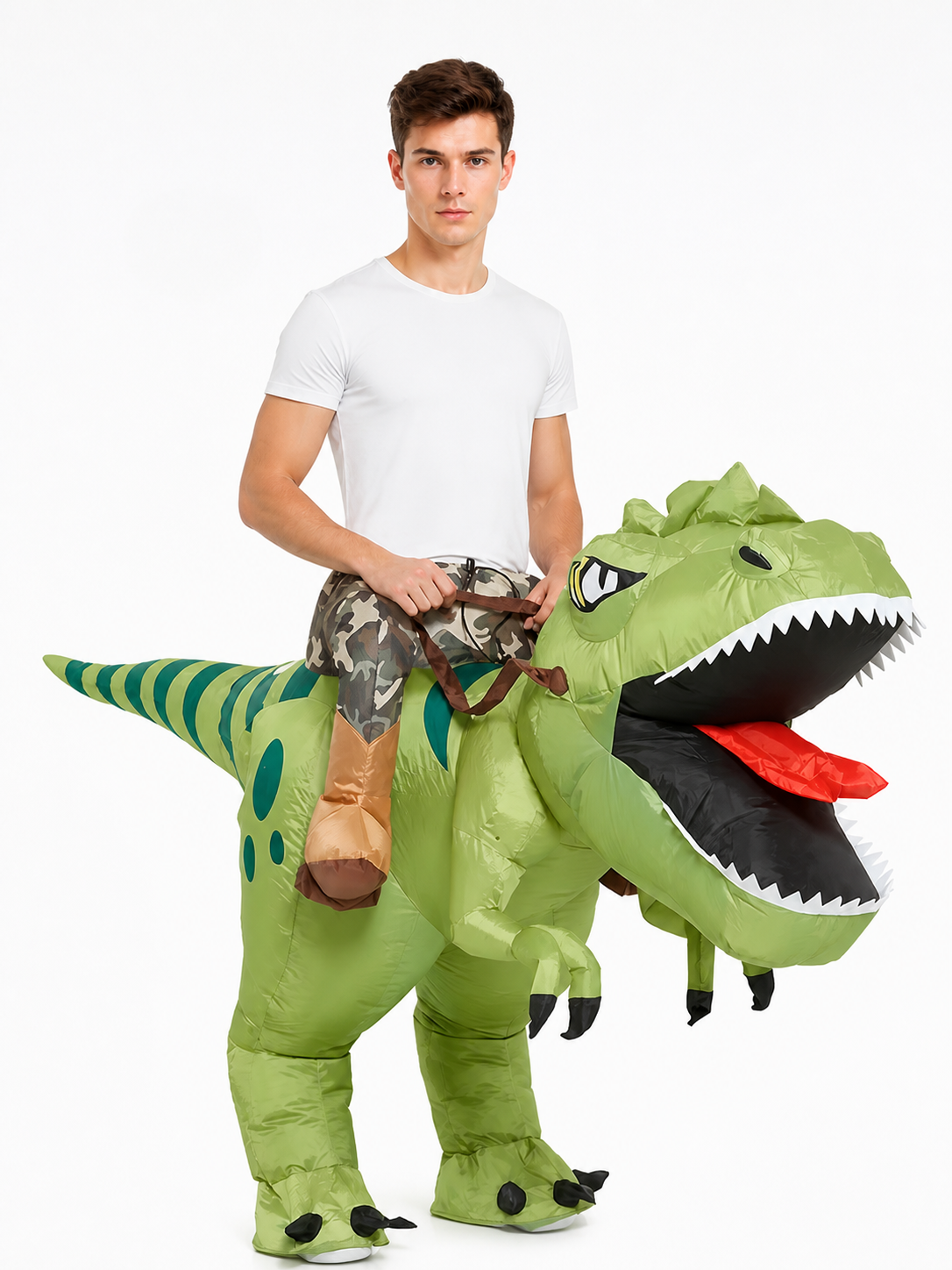 Green Inflatable Dinosaur Costume with Crest upper body view