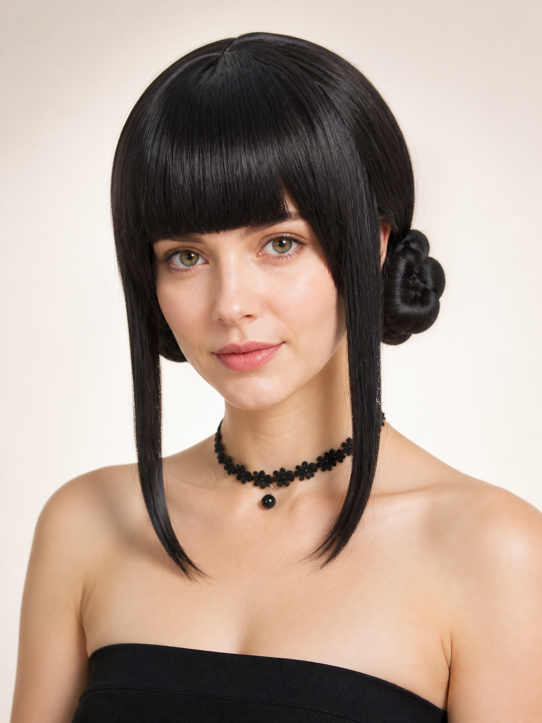 Black Carnival Wig with Two Buns for Cosplay Costume Wigs detail 2