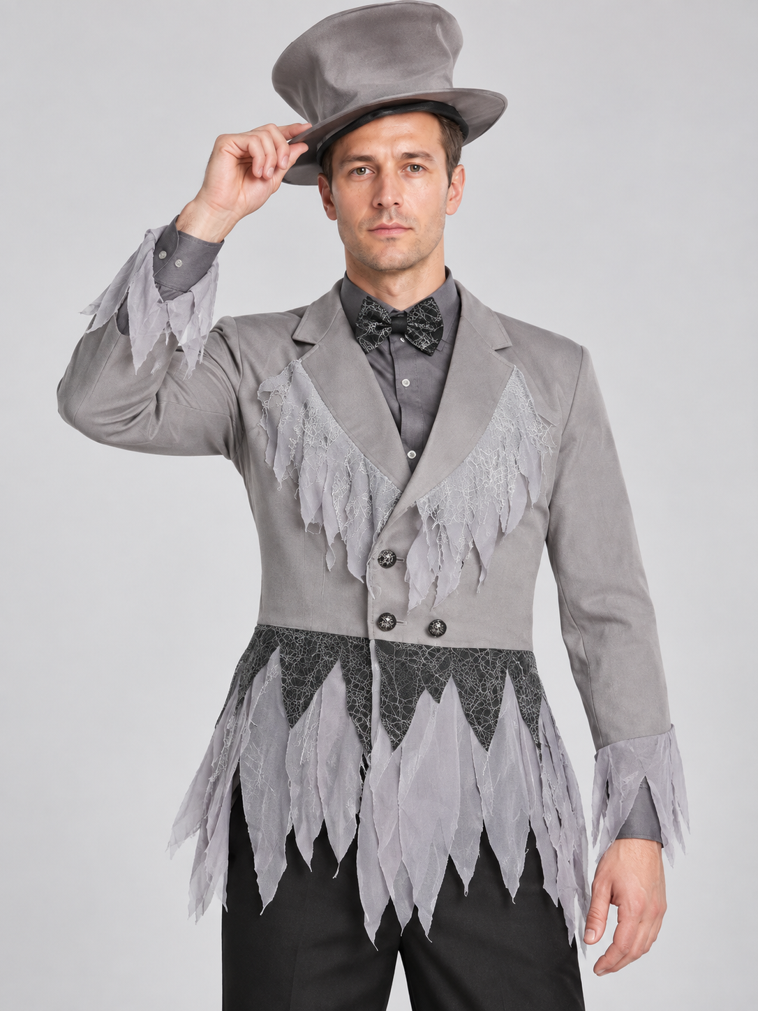 Vampire carnival costume with gray hat and bow tie