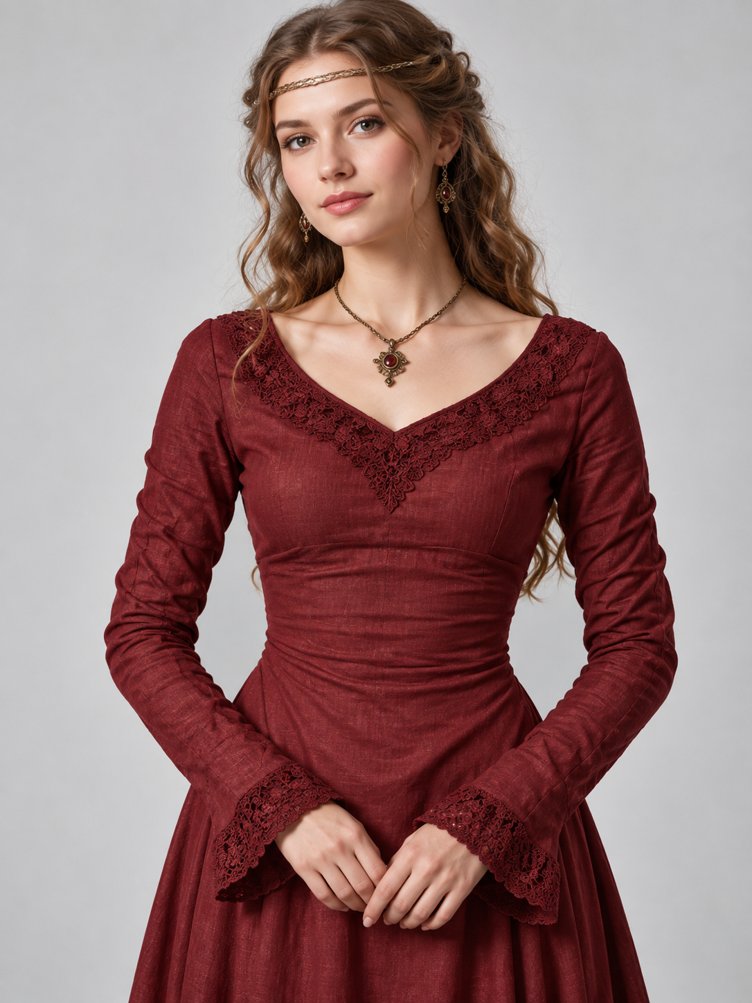 Vintage Burgundy Dress with Lace Trim and Full Skirt