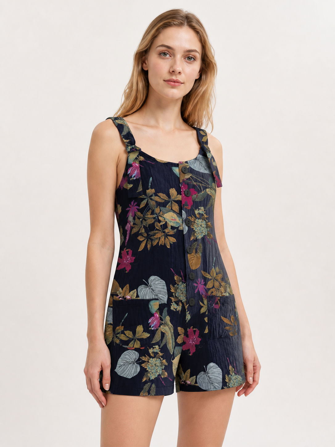 Dark Blue Overall Shorts with Yellow Floral Print product detail 2