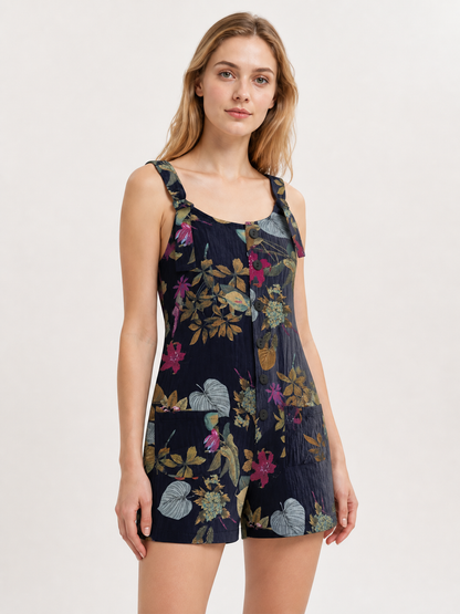 Dark Blue Overall Shorts with Yellow Floral Print product detail 2