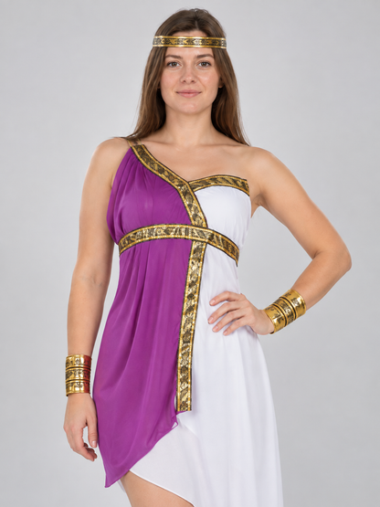 White Greek Goddess Costume with Purple Draping