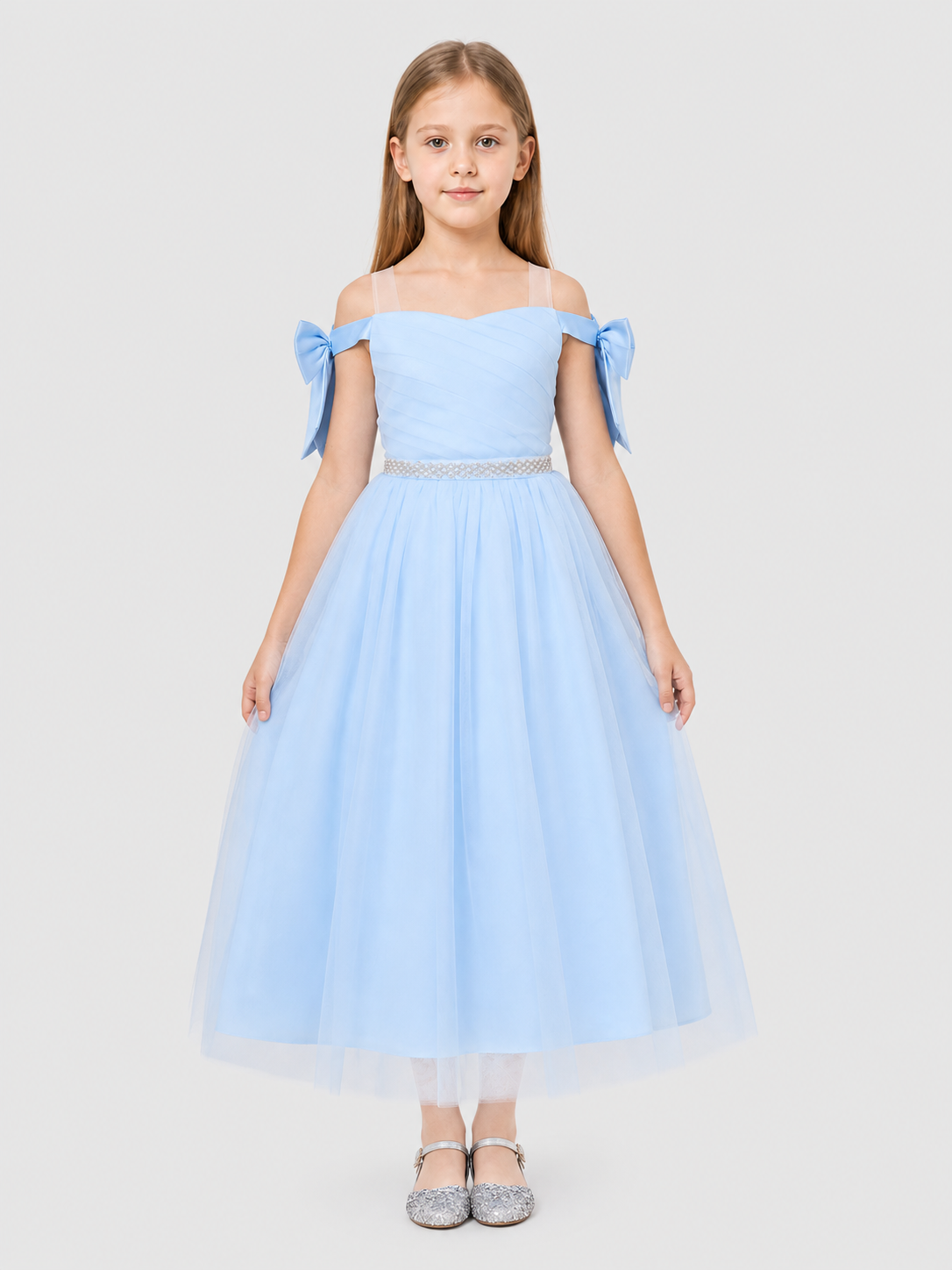 Light Blue Girls' Party Dress with Bow and Full Skirt Costume Dresses detail 2