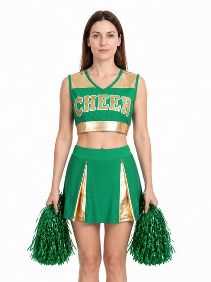 Green Cheerleading Outfit with Gold Accents and “Cheer” Lettering upper body view