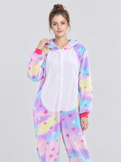 Flannel Hooded Pajama Jumpsuit with Star Print