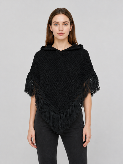 Black hooded fringed knit poncho product view 24
