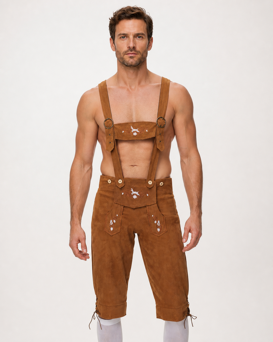 Bavarian-Style Embroidered Suspender Pants upper body view