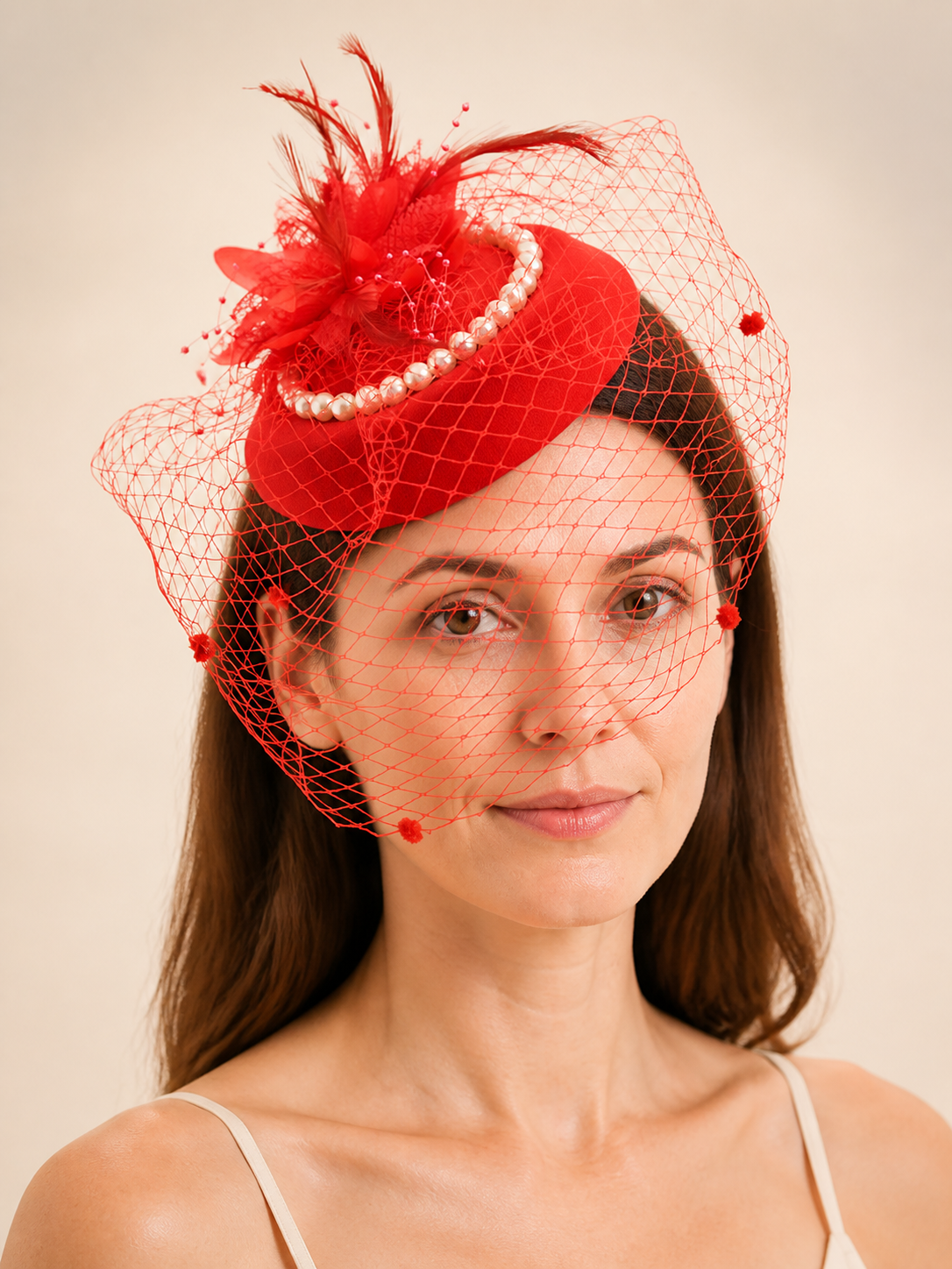 Red Carnival Headpiece with Veil and Feathers Costume Headwear detail 2