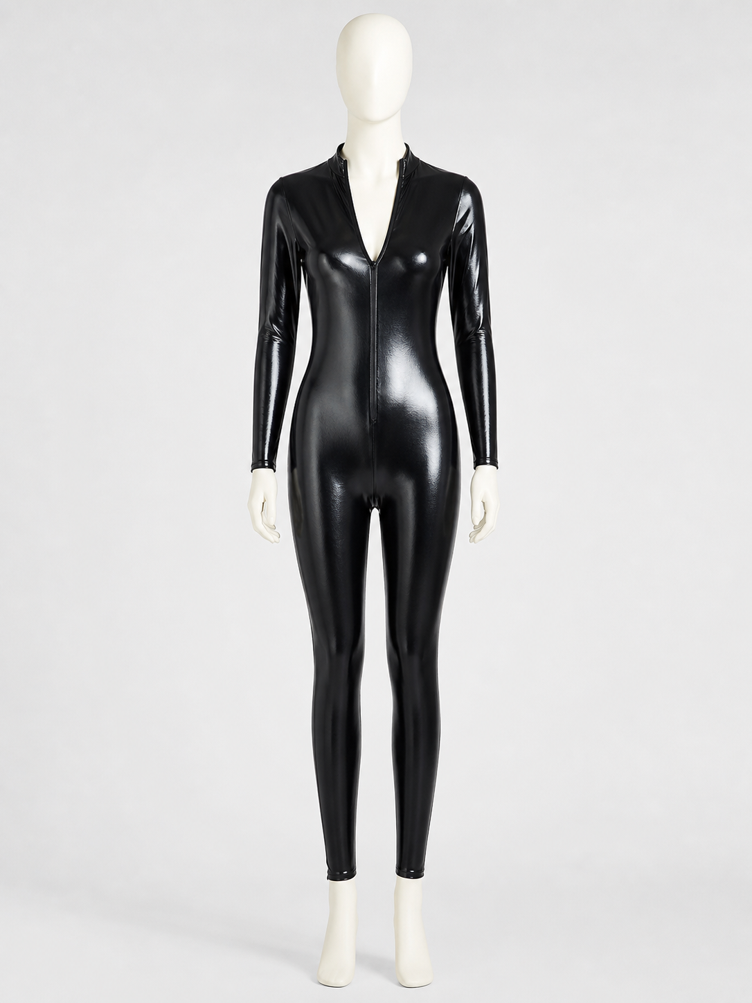 Black Glossy Long-Sleeve Jumpsuit