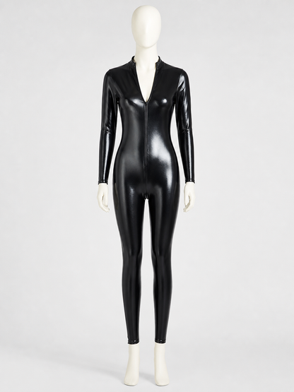 Black Glossy Long-Sleeve Jumpsuit
