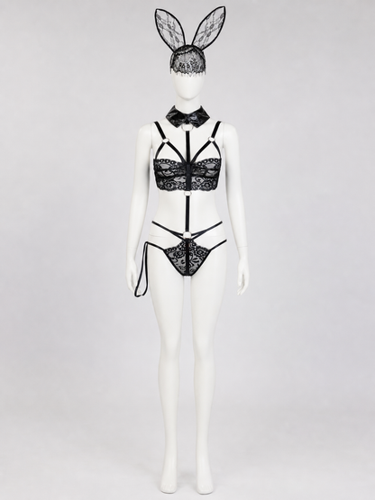 Lace Bunny Costume with Ears and Decorative Straps