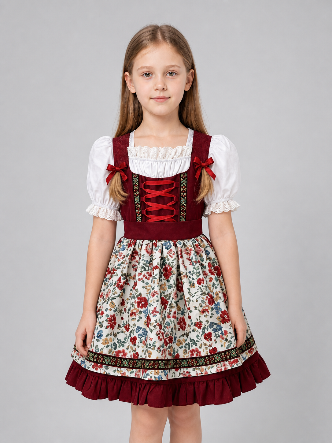 Dirndl with Floral Print and Lace Trim